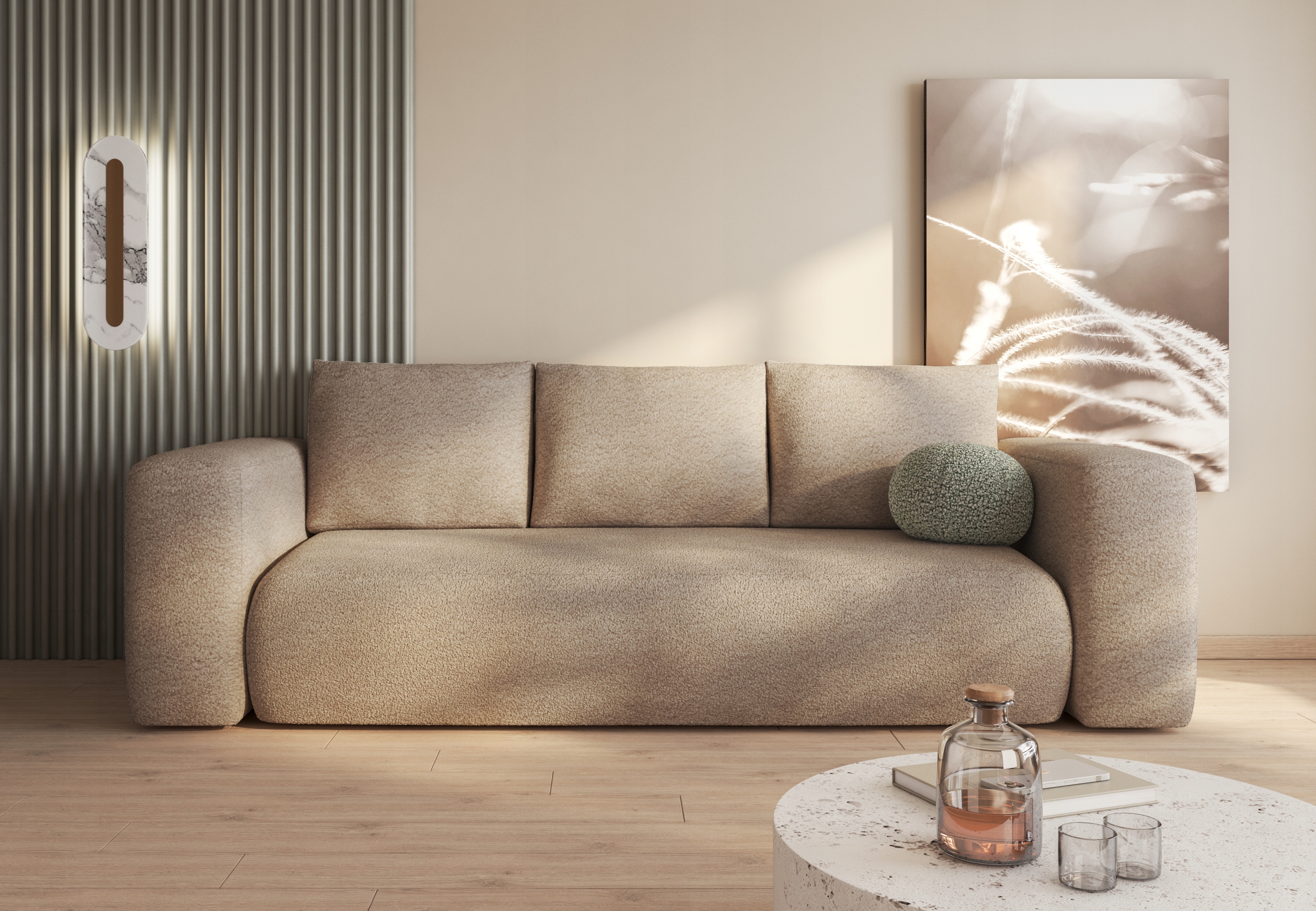 Pohodlná béžová pohovka Lambi s funkcí spaní na pružinách a úložným prostorem.