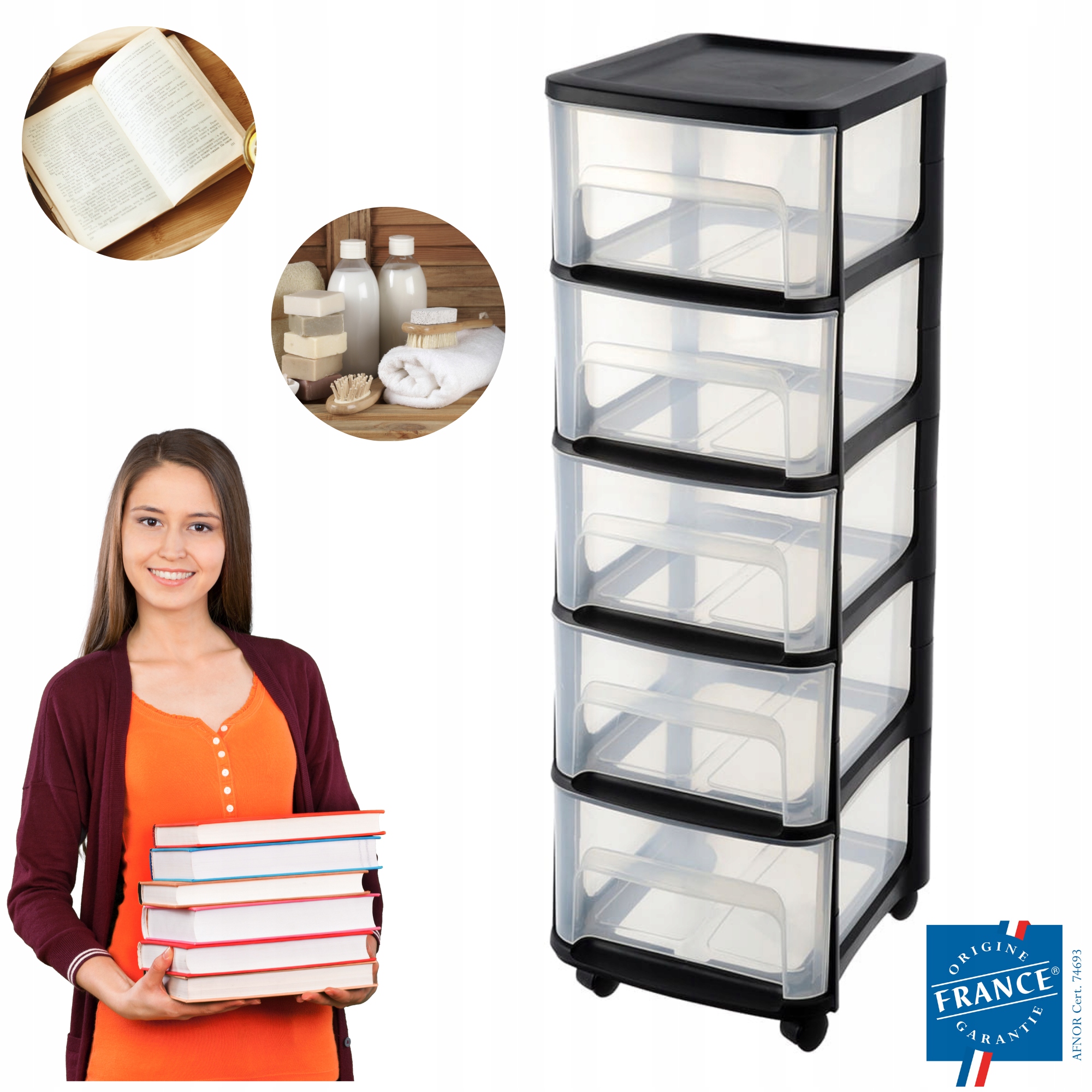 Čierna Modulárna Skrinka Na Kolieskach 5 Zásuviek, mobilná, úložný priestor na hračky