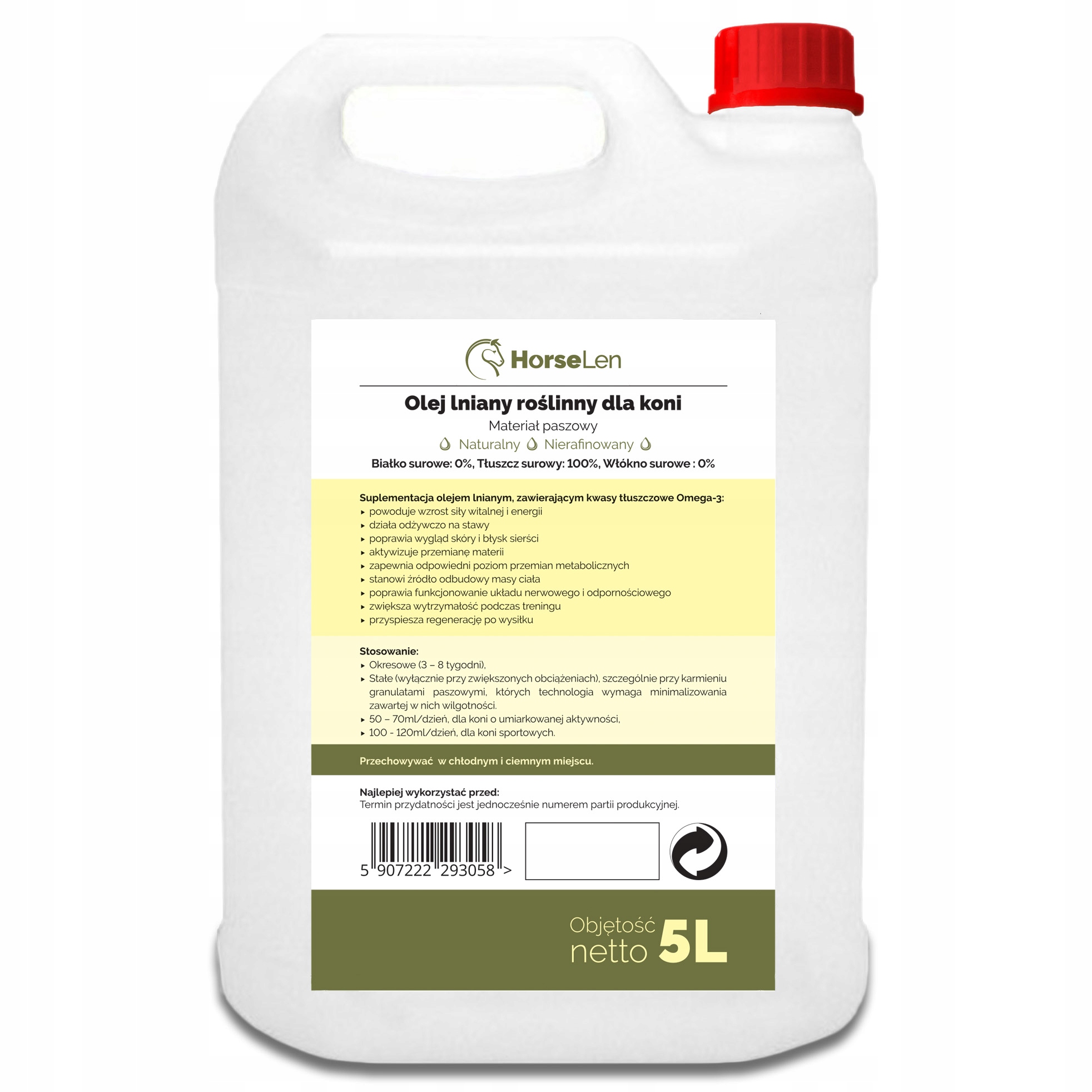 Olej Lniany dla koni, Pasza dla koni, Suplement 5L EAN (GTIN) 5907222293058