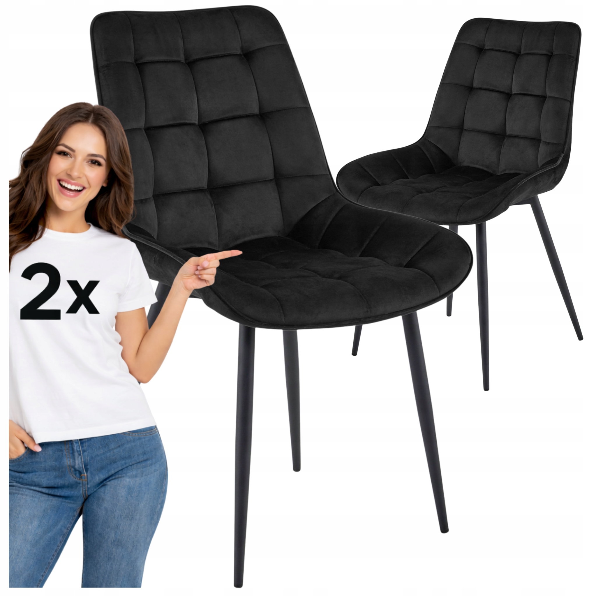 2x Čalouněné křeslo Pevné prošívané černé velurové jídelní židle