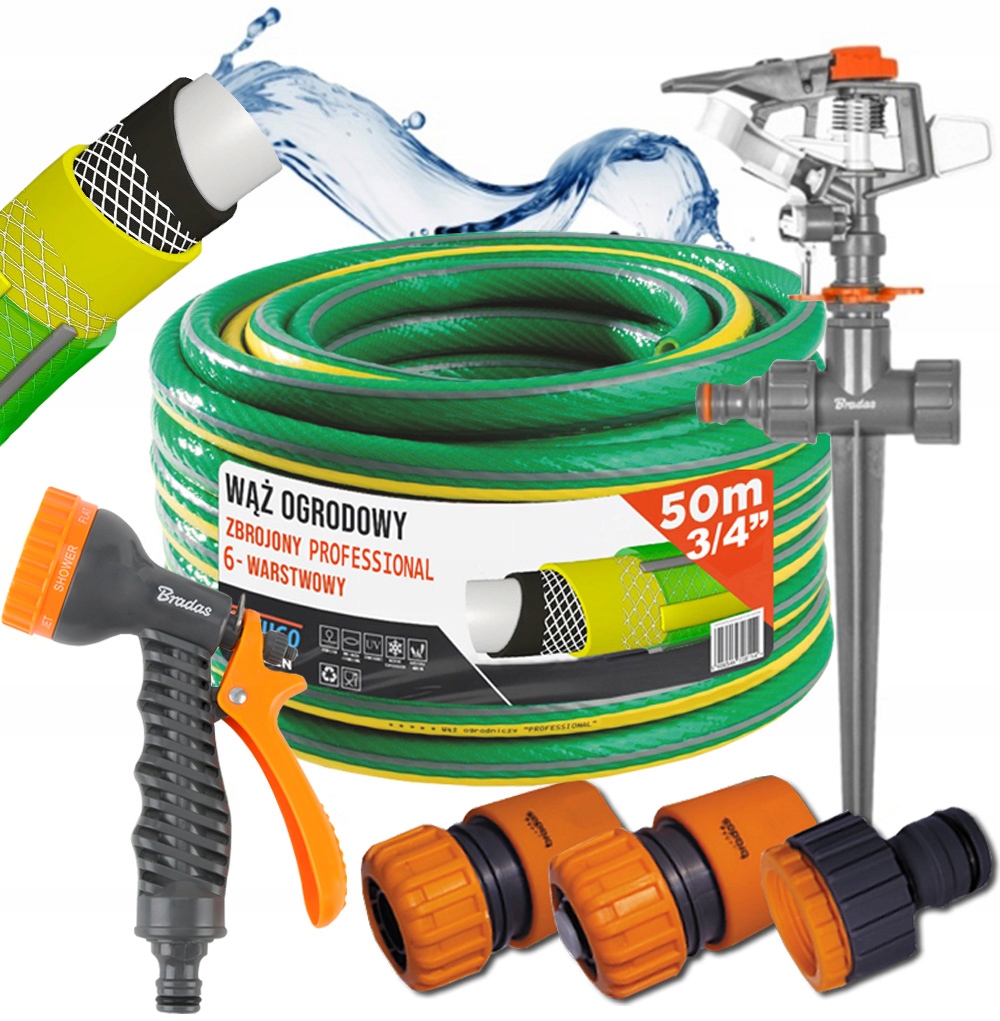 Gumová Záhradná Hadica 3/4" 50 m 6 Vrstiev Zavlažovač Sada Bradas 36bar