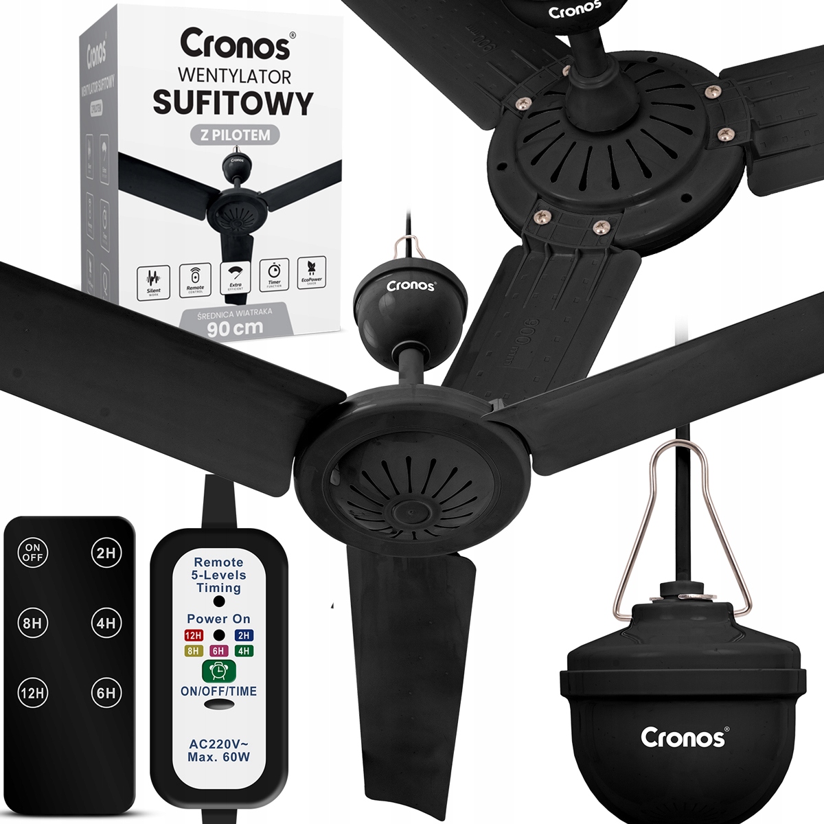 Wentylator Sufitowy Z Wiatrakiem Cichy Czarny Wiatrak 90cm Pilot Timer