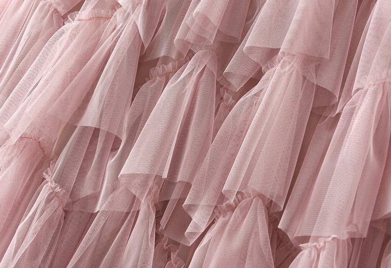 SPÓDNICA TIULOWA DŁUGA FALBANY NA GUMCE RÓŻOWYXXL Wzór dominujący bez wzoru