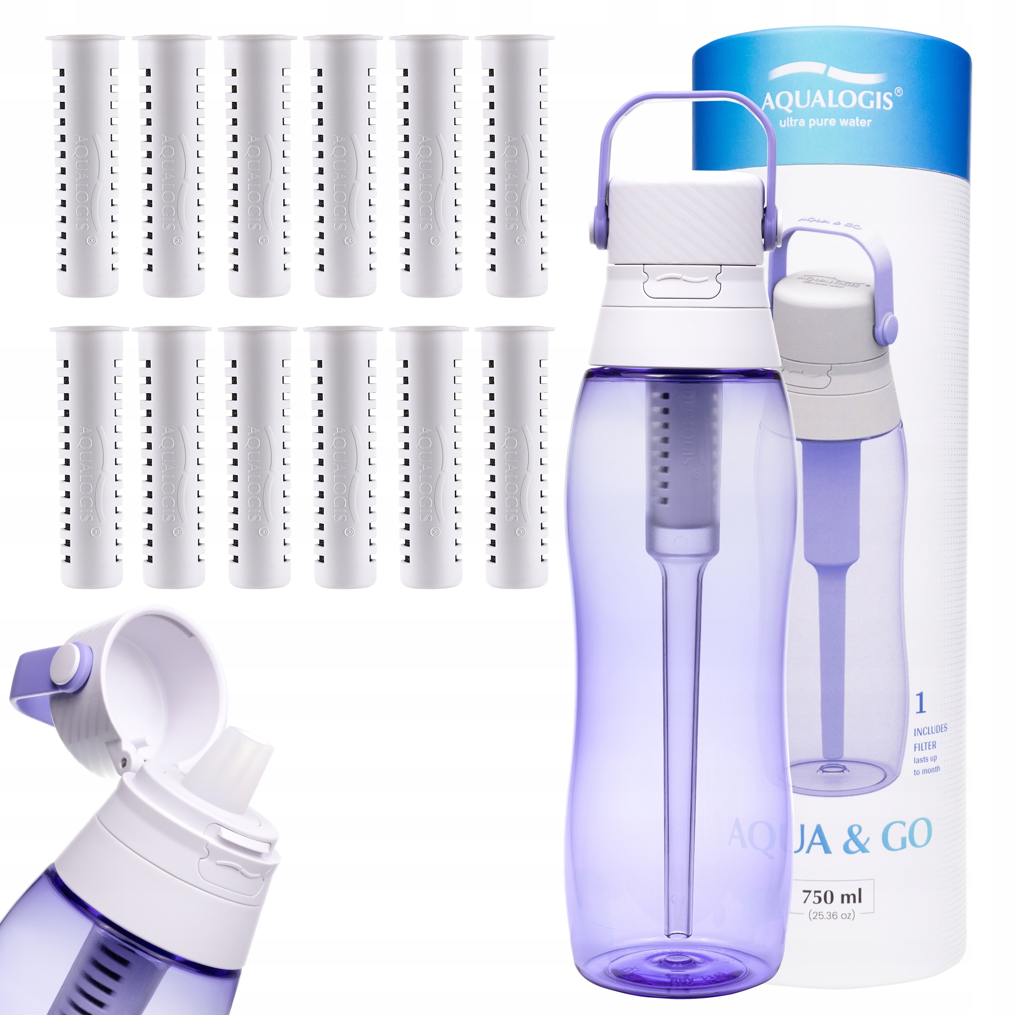 Filtrační láhev Aqualogis Aqua&Go 0,75 l fialová 12 náplní