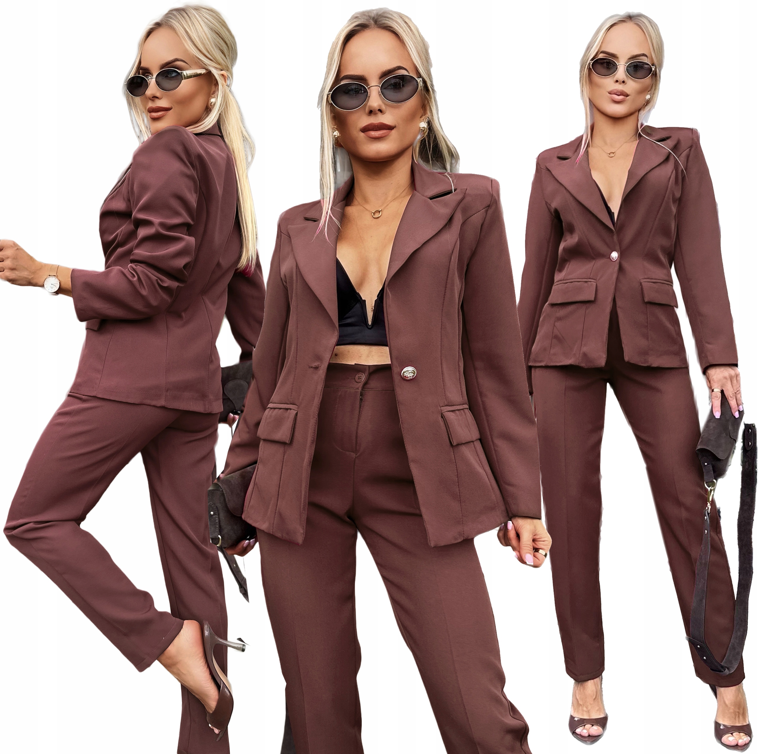 Czekoladowy Garnitur damski marynarka spodnie cygaretki L Eva