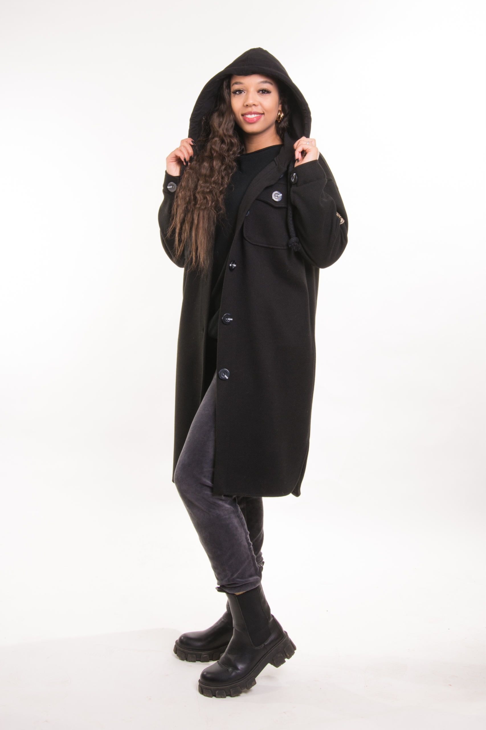 Oversaizowy Płaszcz Damski Wiosenno-Jesienny z Flauszu Dzianinowy Kaptur 46 Marka inna