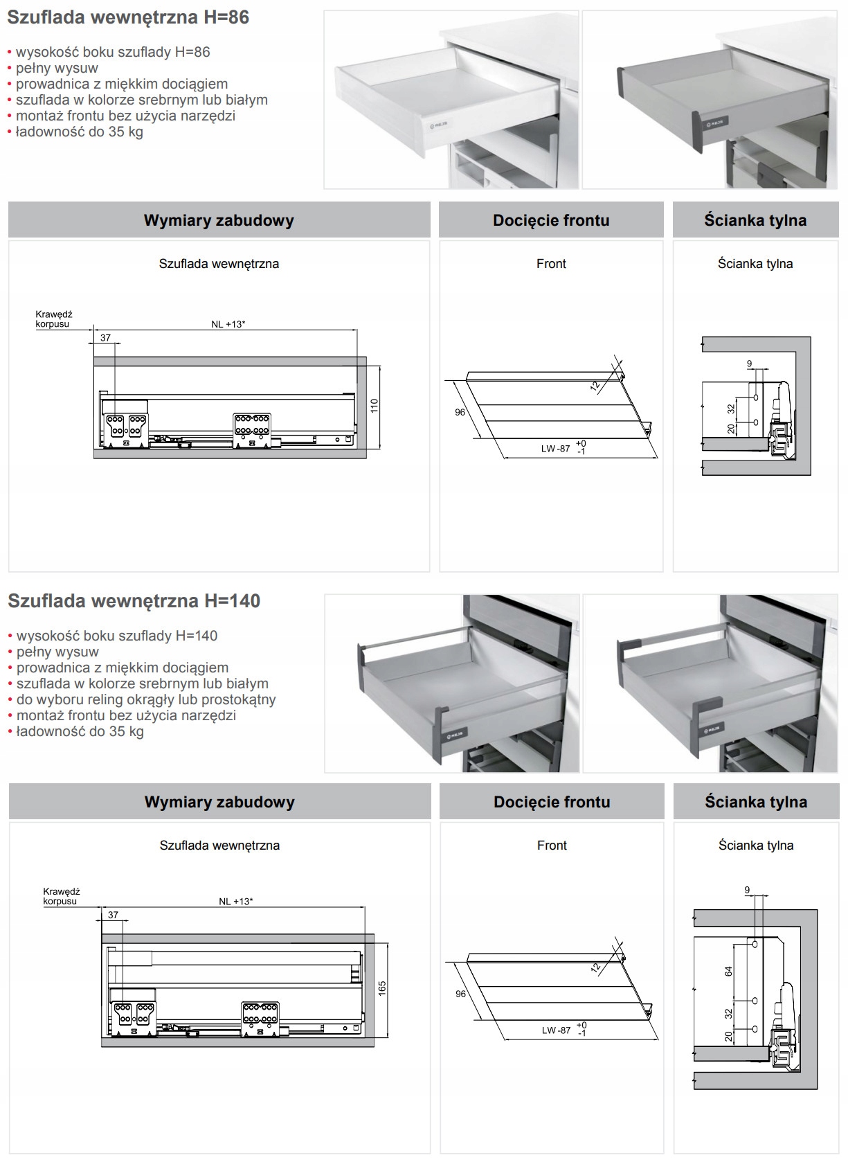 Szuflada COMFORT BOX REJS H-204 L-400 miękki domyk BIAŁA RELING PROSTOKĄTNY Marka Rejs