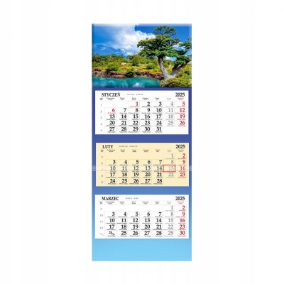 Kalendarz trójdzielny ścienny 2025 ROK imieniny święta, na ścianę Rodzaj trójdzielny