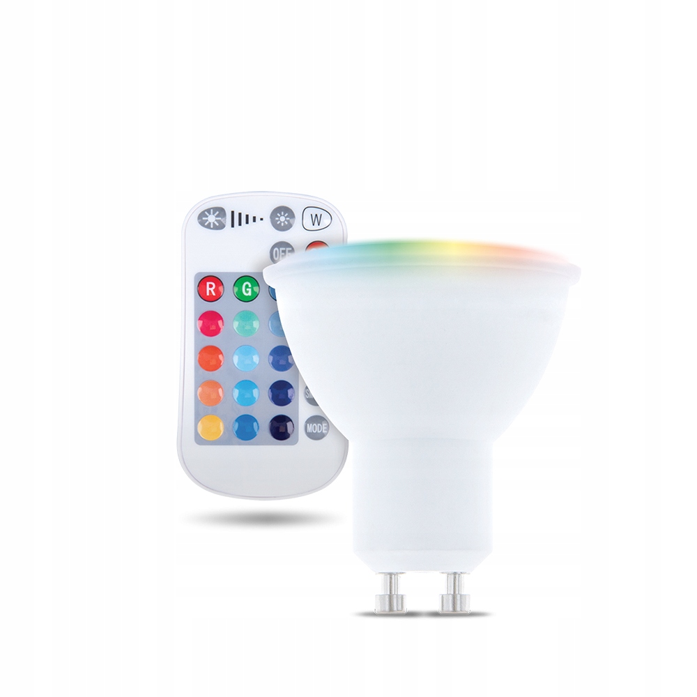 

Żarówka Led GU10 kolorowa RGB+ciepła 5W z pilotem