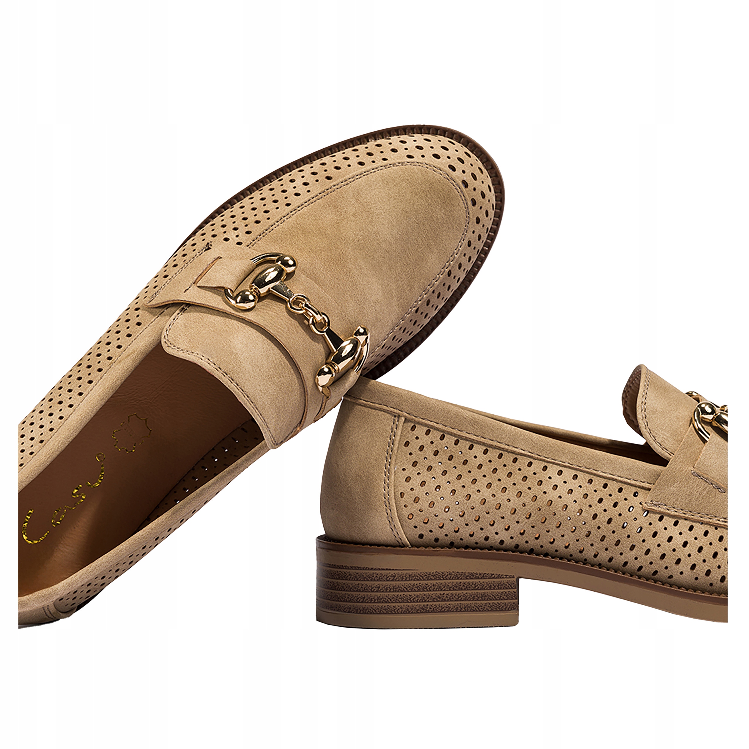 Półbuty Ażurowe Beżowe Mokasyny Damskie Wsuwane Skórzana Wkładka r 41