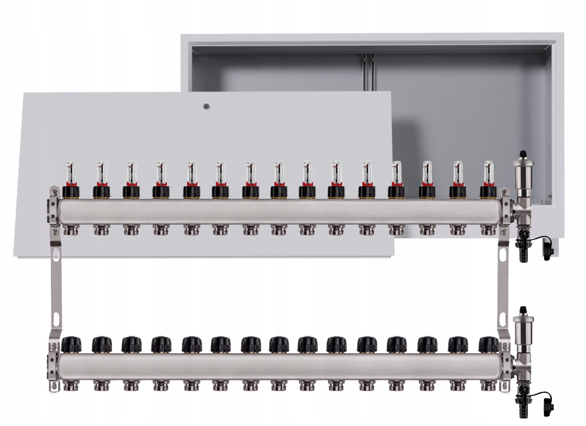 Nerezový rozdělovač pro podlahovku 15 okruhů s podomítkovou schránkou, bílý