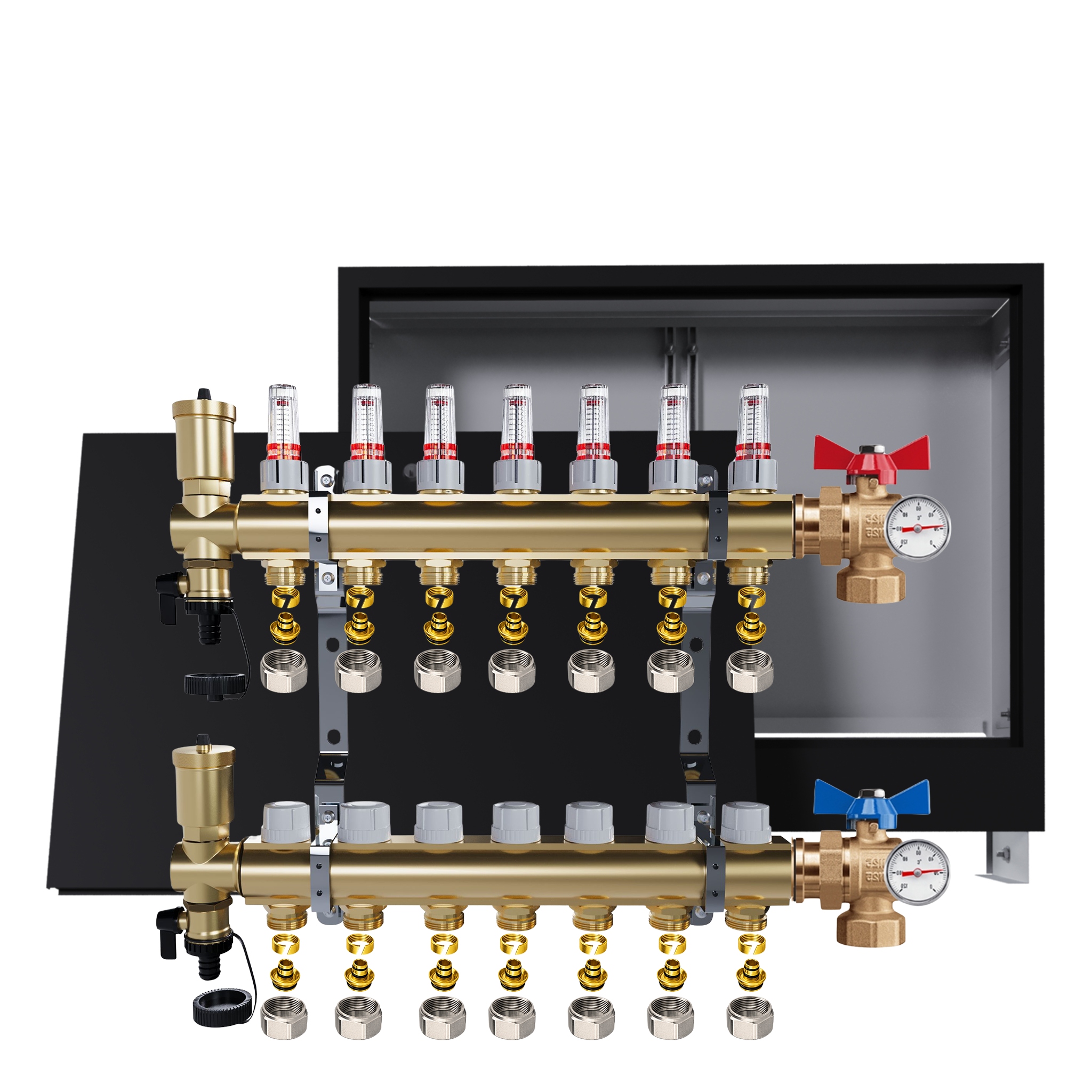 Rozdělovač podlahovky 7 okruhů úhlové ventily teploměry krabička Pex