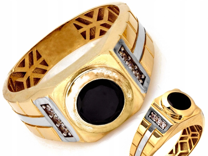 Zlatý signet 585, dvoubarevný zirkony a černý kámen R23 4.80g jako dárek