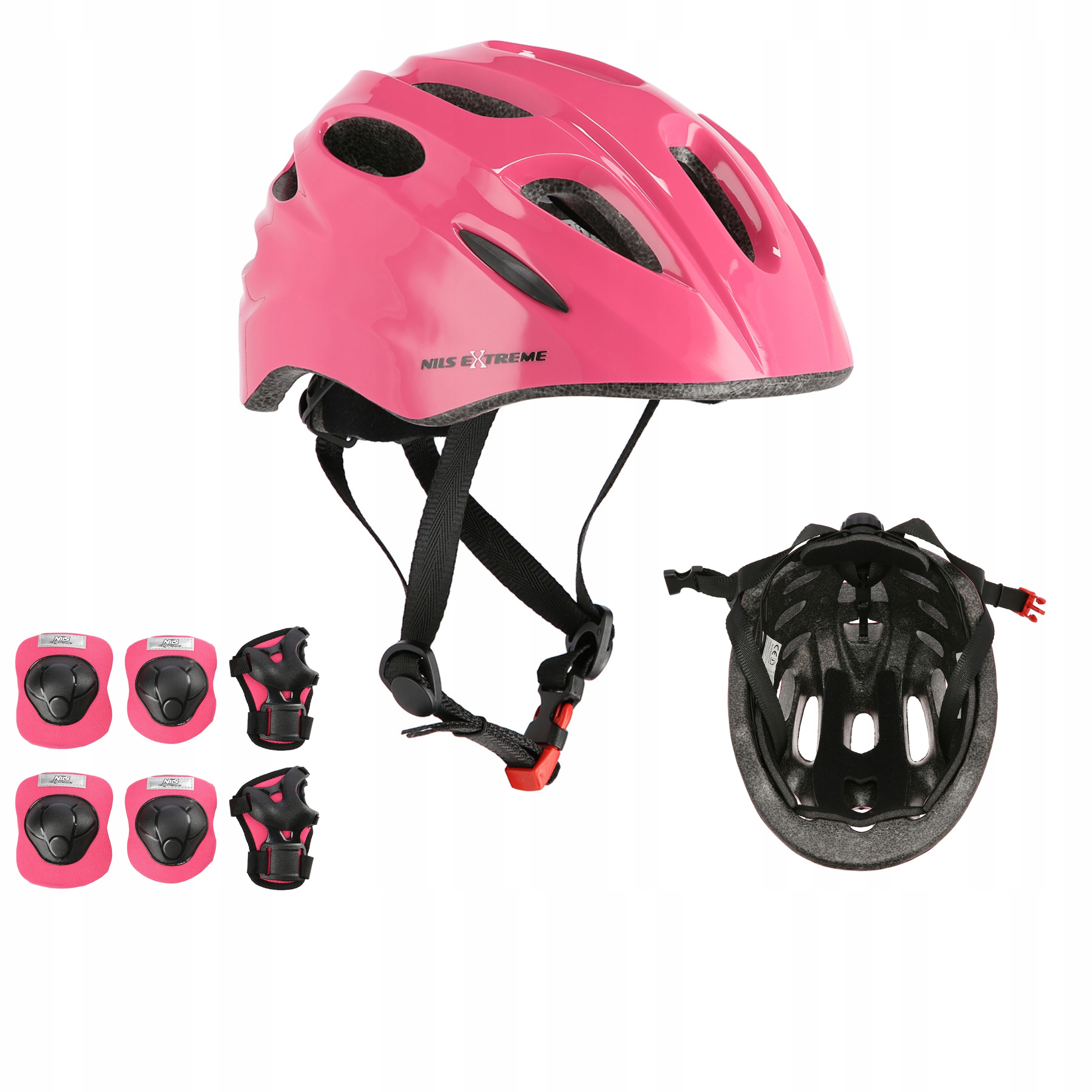 Kask z regulacją i ochraniacze różowy zestaw rozmiar S Nils Extreme