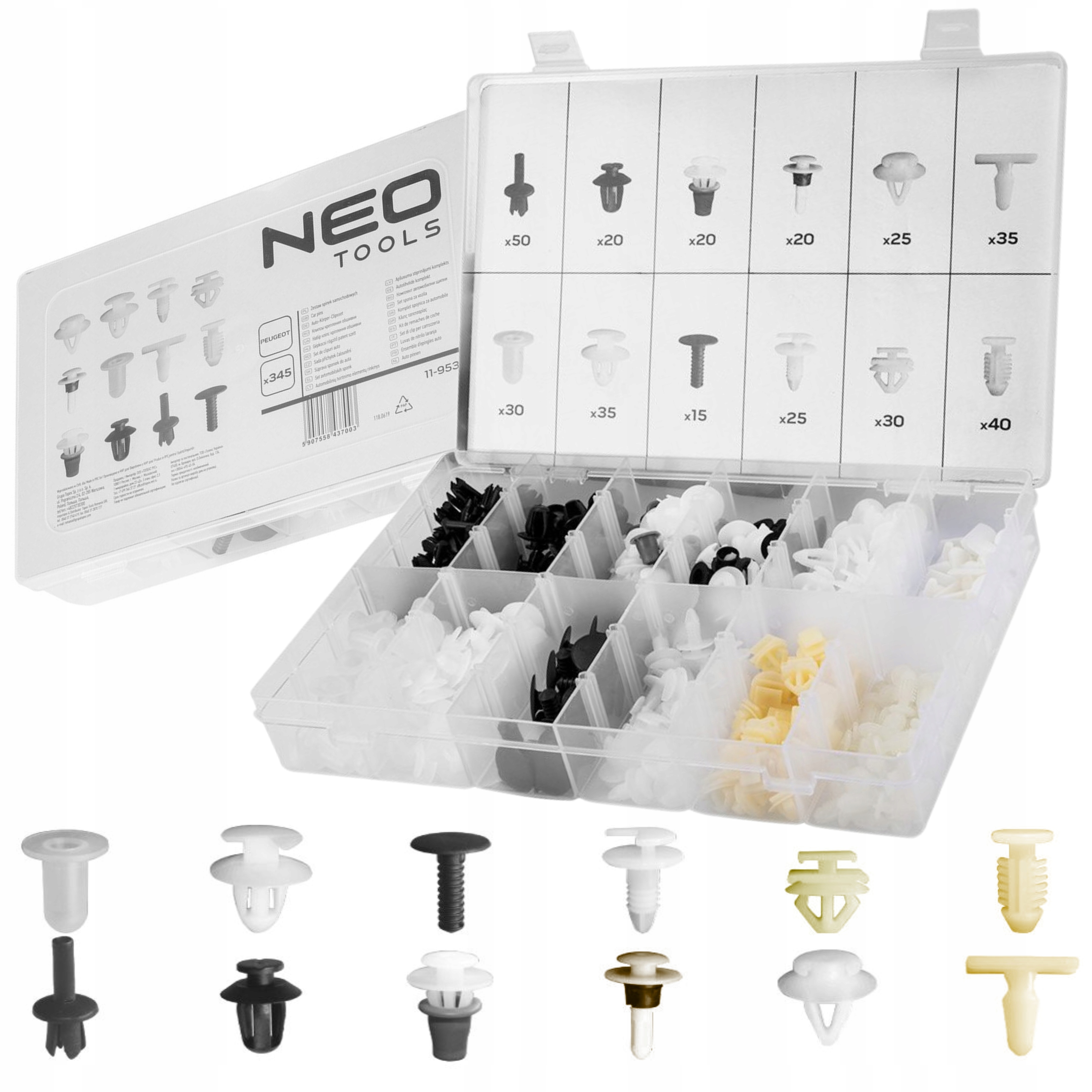 NEO ZESTAW KOMPLET SPINEK SAMOCHODOWYCH PEUGEOT 345 SZTUK ORGANIZER 11-953
