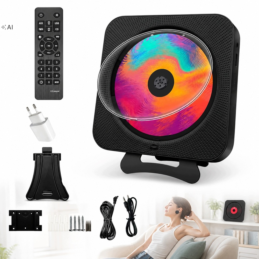 Přenosný Bluetooth CD Přehrávač, Fm Reproduktor S Dálkovým Ovládáním, Černý