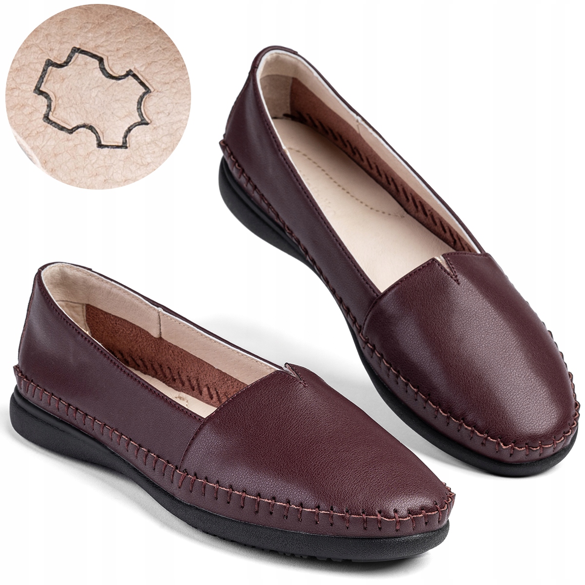 Polobotky mokasíny Kožené ploché velmi Měkké lehké bordó Wojtyłko 41