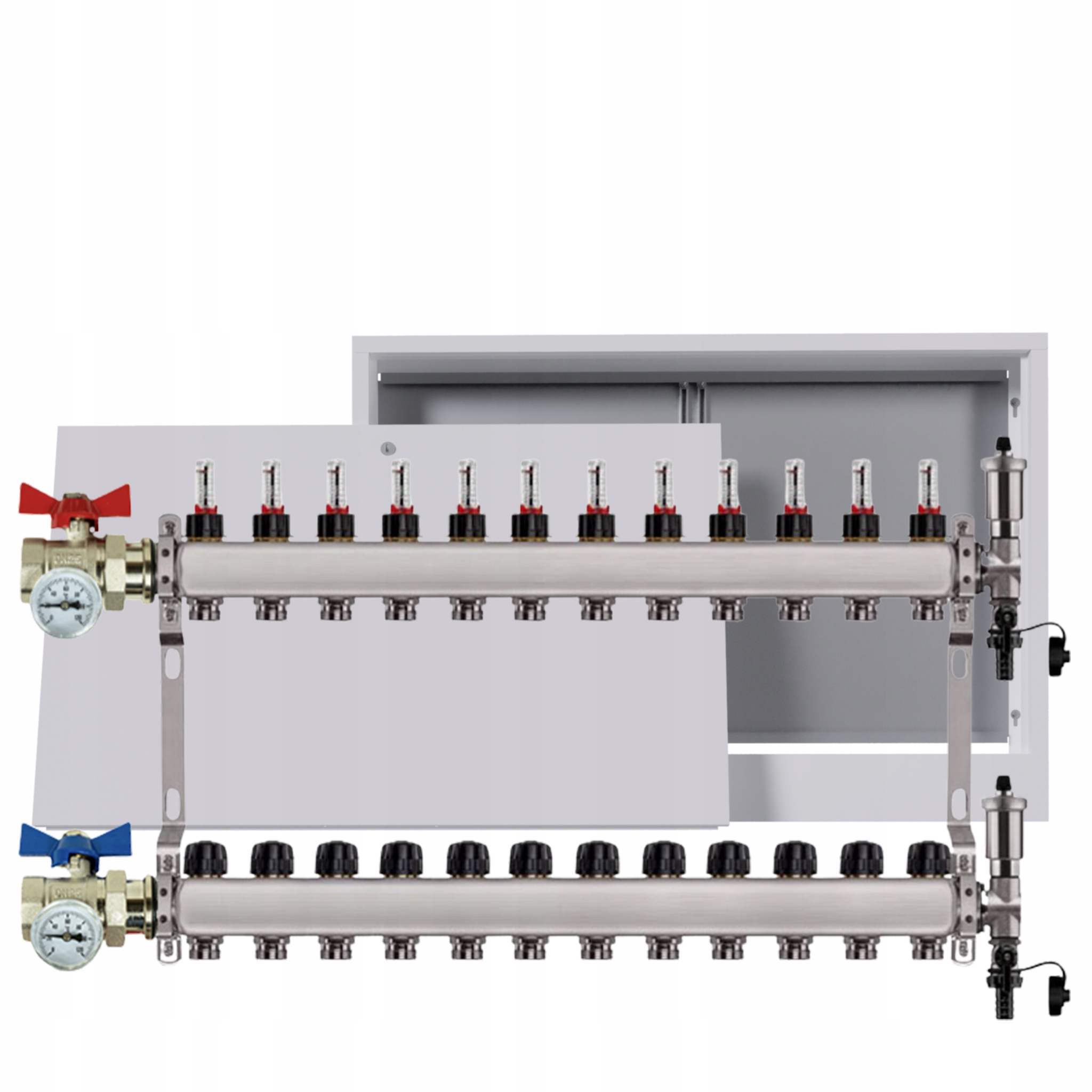 Nerezový rozdělovač podlahových krytin 12 okruhů nástěnná skříňka ventily