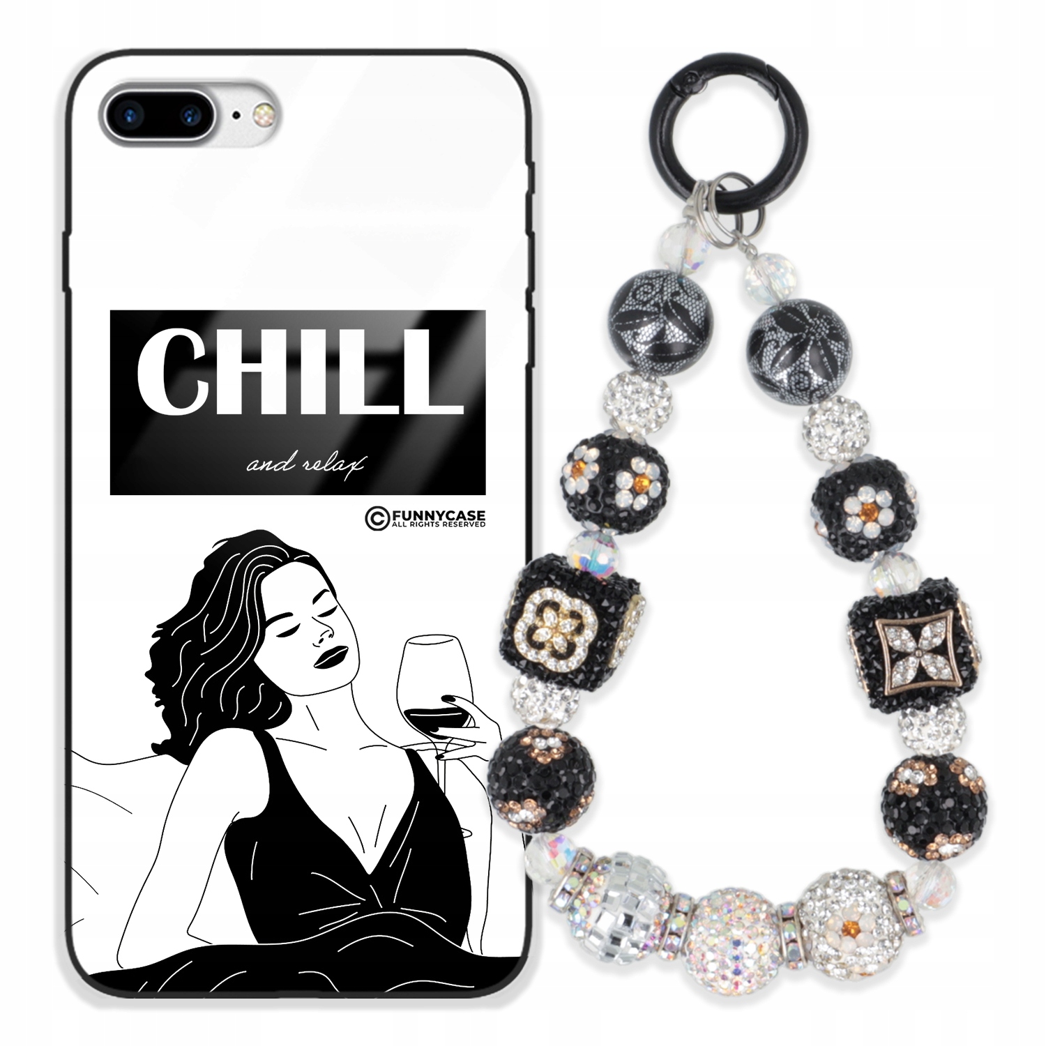 Puzdro Pre Iphone 8 Plus Glass Ženské Čierno-biele Kľúčenka Strieborné Zirkóny
