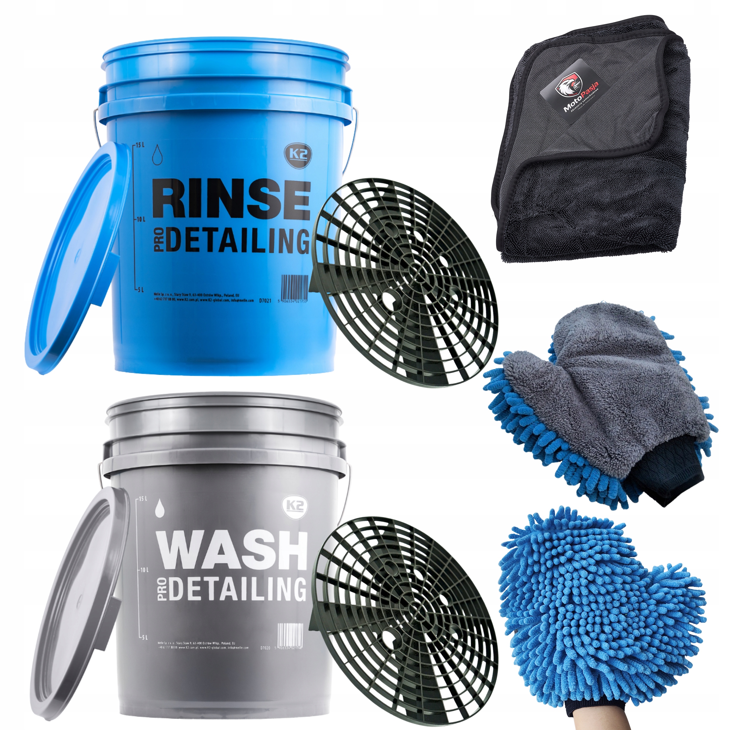 2x Detailingové vědro K2+Separátor MotoPasja+Ručník+Rukavice na mytí aut