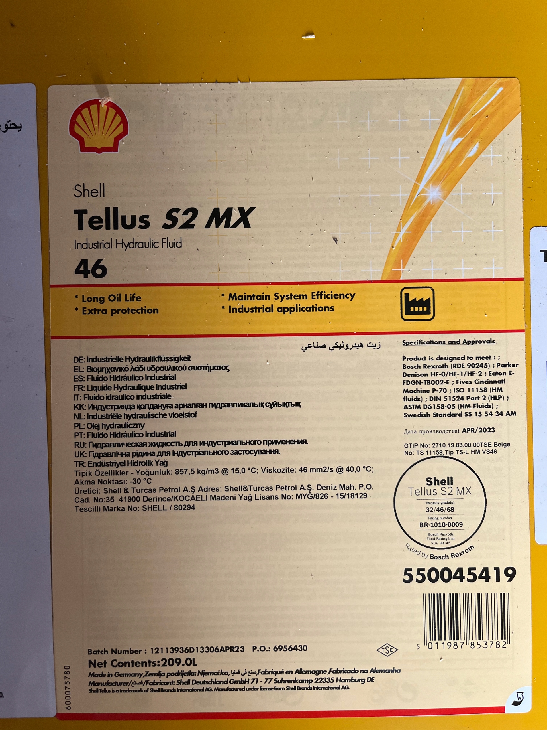 SHELL TELLUS S2 MX 46 209L Waga produktu z opakowaniem jednostkowym 195 kg