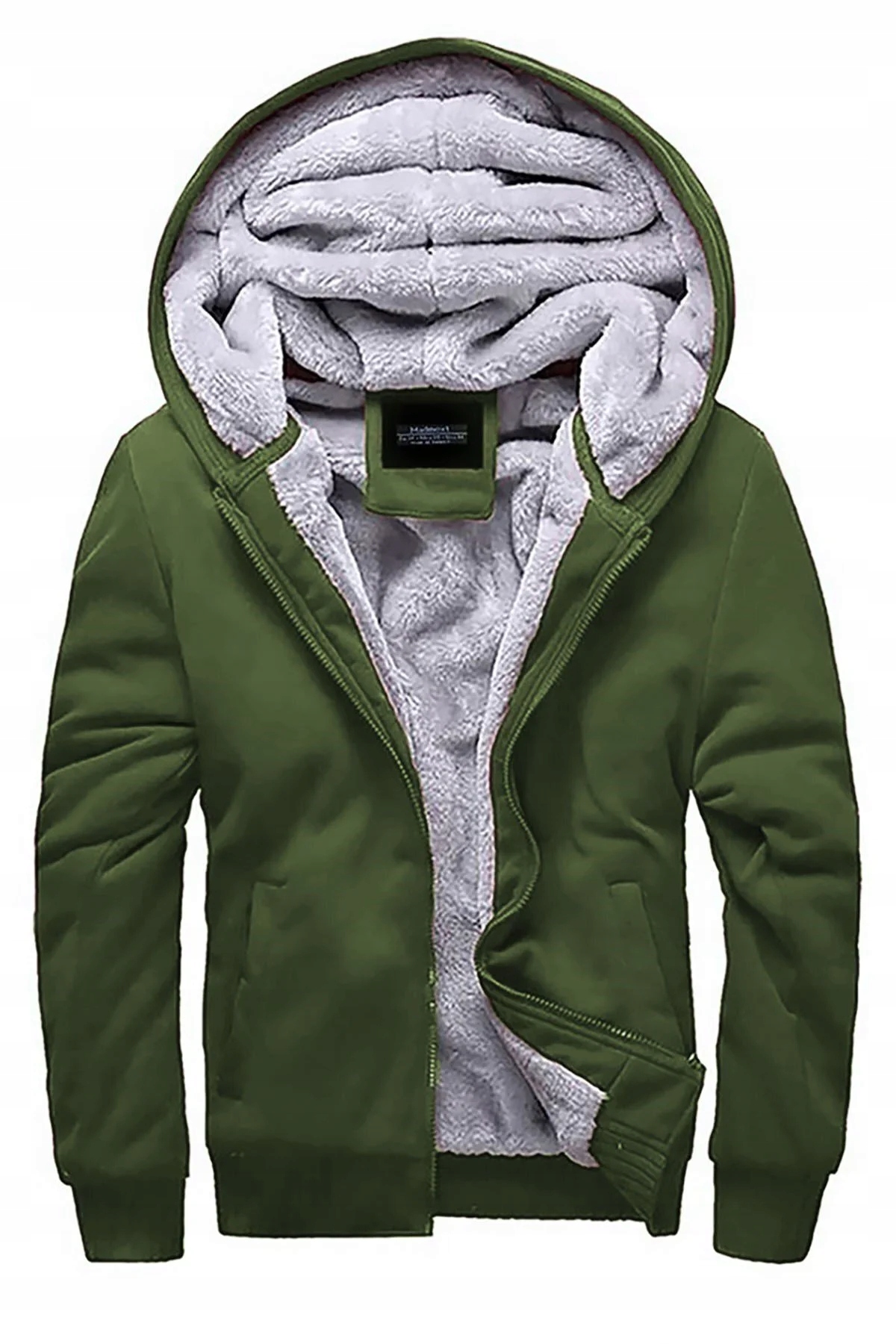 Pánský Svetr S Kapucí A Kožešinou Khaki Rozepínací 2XL 5GA