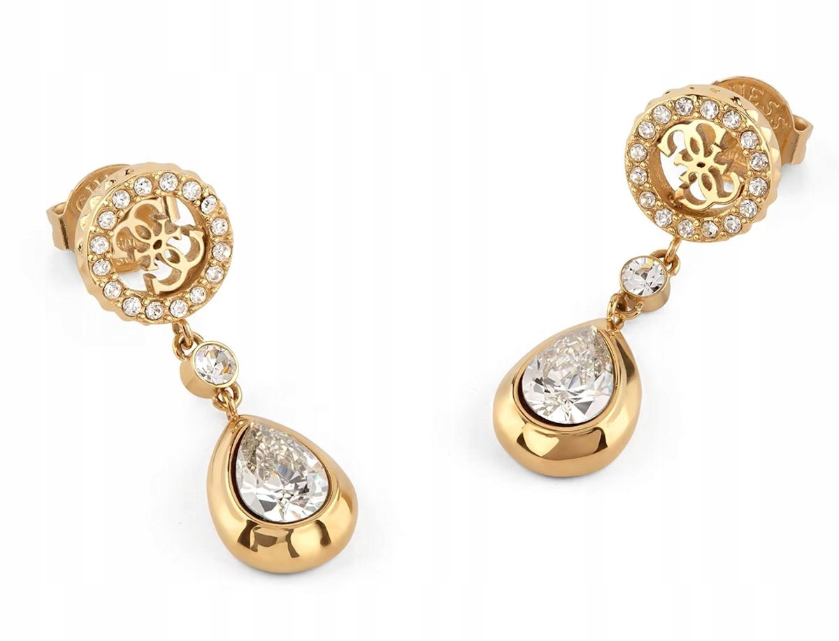 Ocelové Zlaté Náušnice Guess 4G Light Křišťály Slzy JUBE05235JWYGT/U