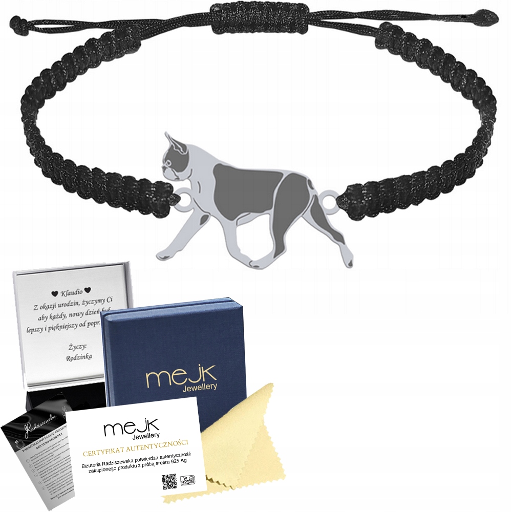 Stříbrný náramek se psem plemene Bostonský teriér 925 Makramé Dárek Gravírování