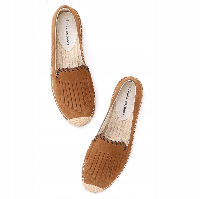 BUTY ESPADRYLE FRĘDZLE SKÓRA NATURALNA BRĄZOWE Marka bez marki