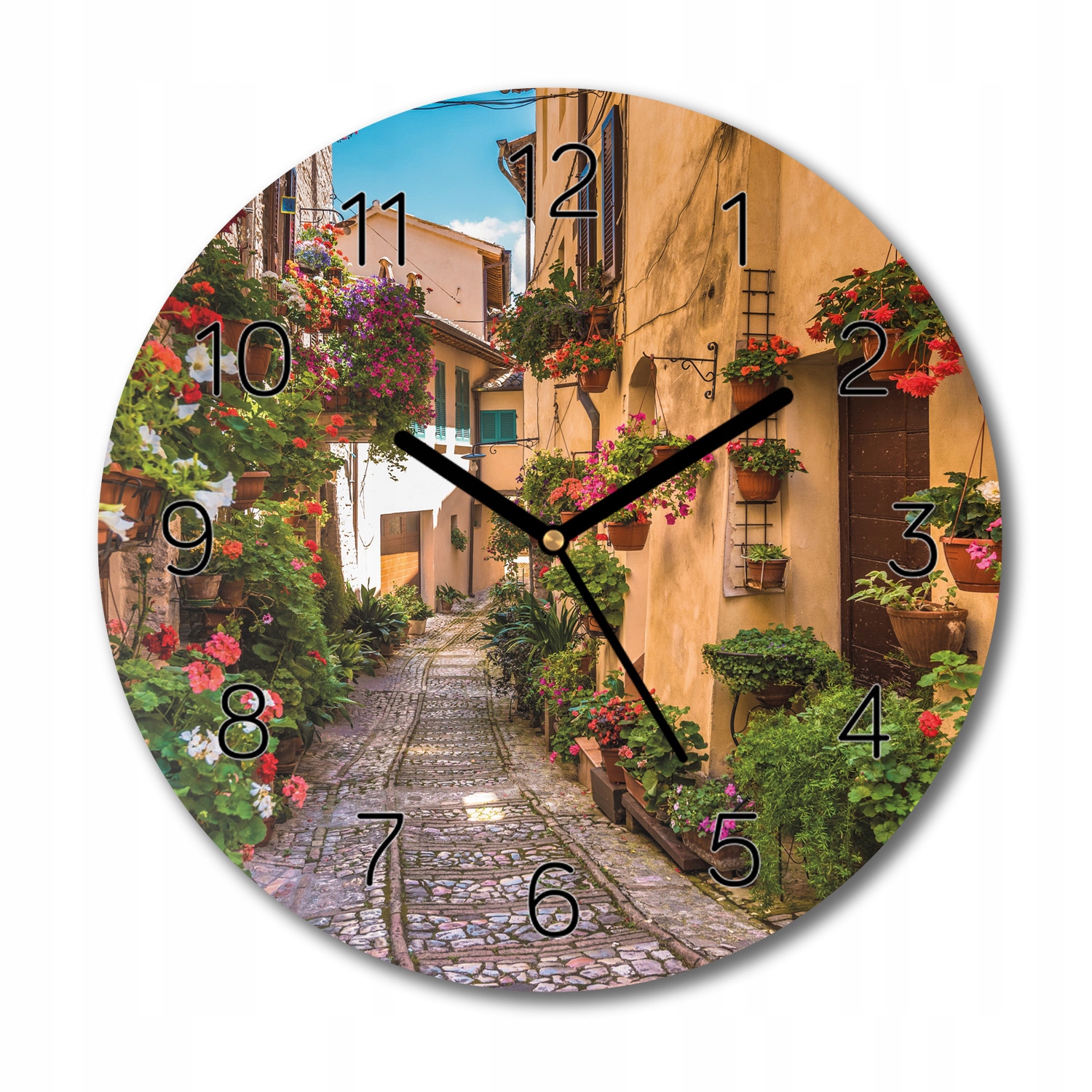 

zegar szklany Uliczka kwiaty domy z foto fi 30