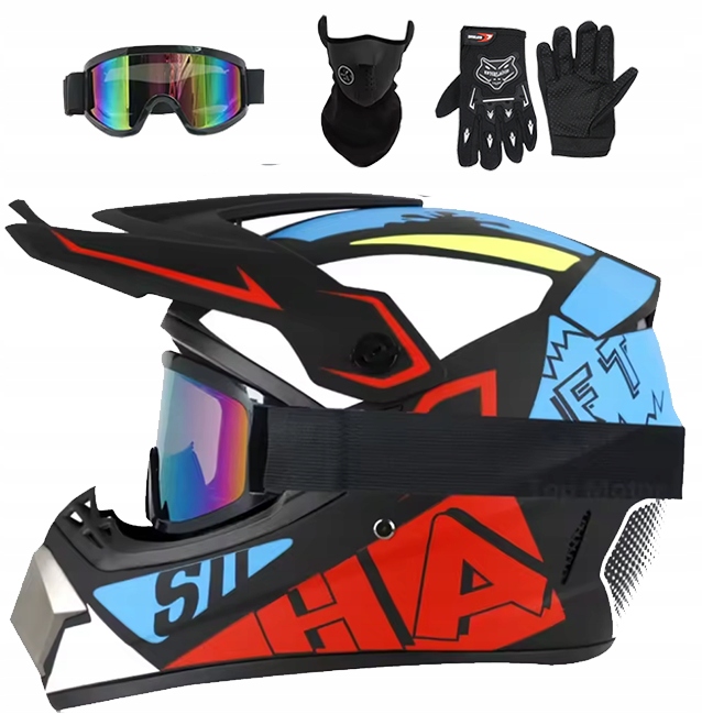 KASK CROSSOWY NA CROSSA MOTOCYKL ENDURO Maska+Gogle+Rękawice ZESTAW Stan opakowania oryginalne