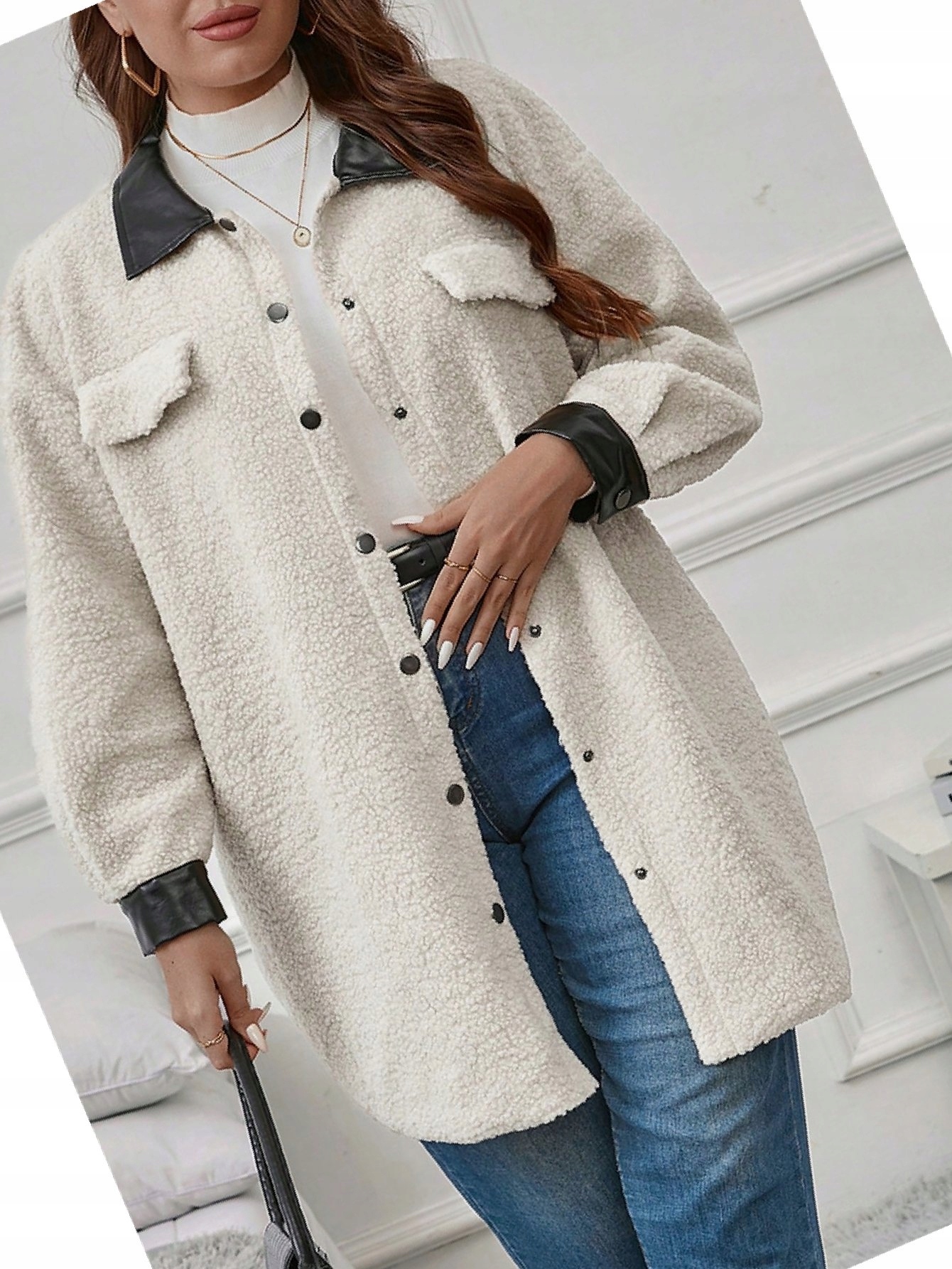 Dámská kožená košilová bunda typu Teddy, plyšová, velikost 5XL, velikost 50