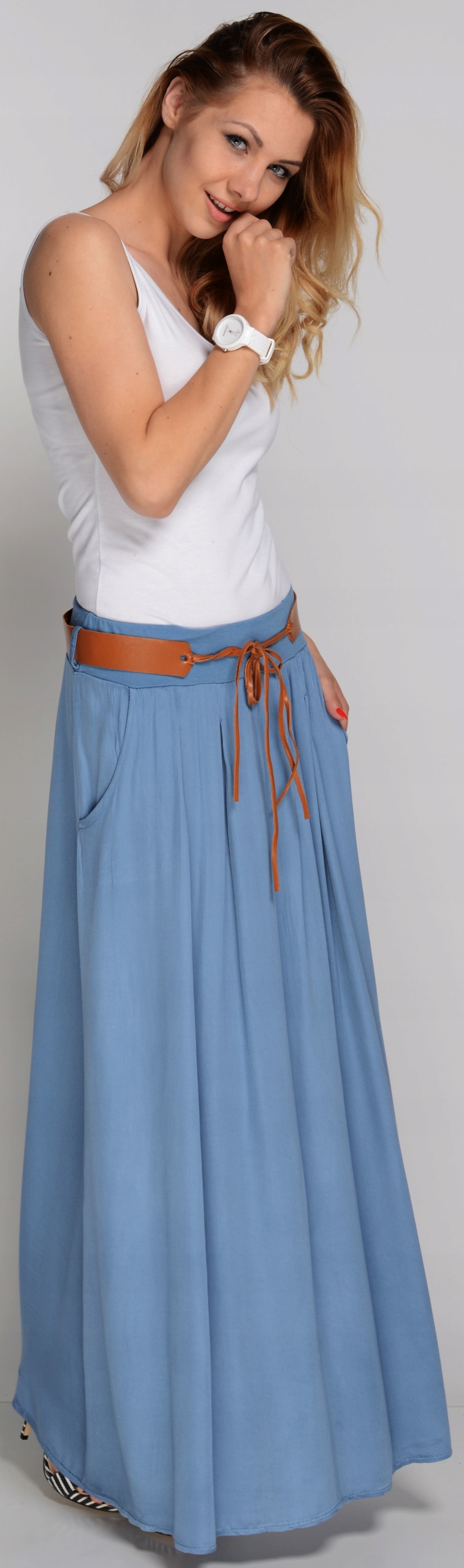 Stylowa DŁUGA SPÓDNICA z kieszeniami BOHO Jeans Długość maxi