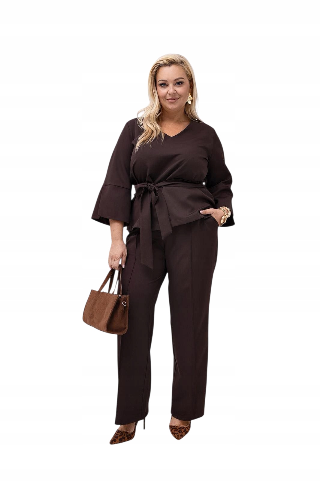 Elegantní komplet, halenka s kalhotami, plus size, velikost 42, čokoládová