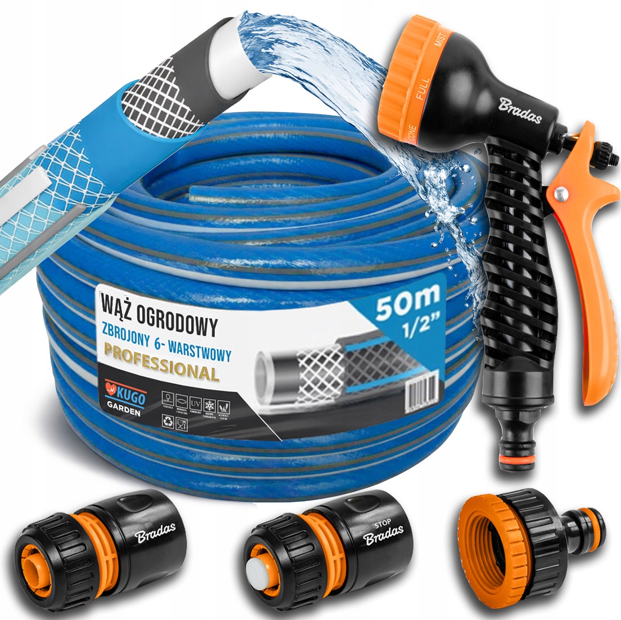 Hadice 1/2" 50 m 6 Vrstev Pistole Spojky Sada Bradas 36 Bar