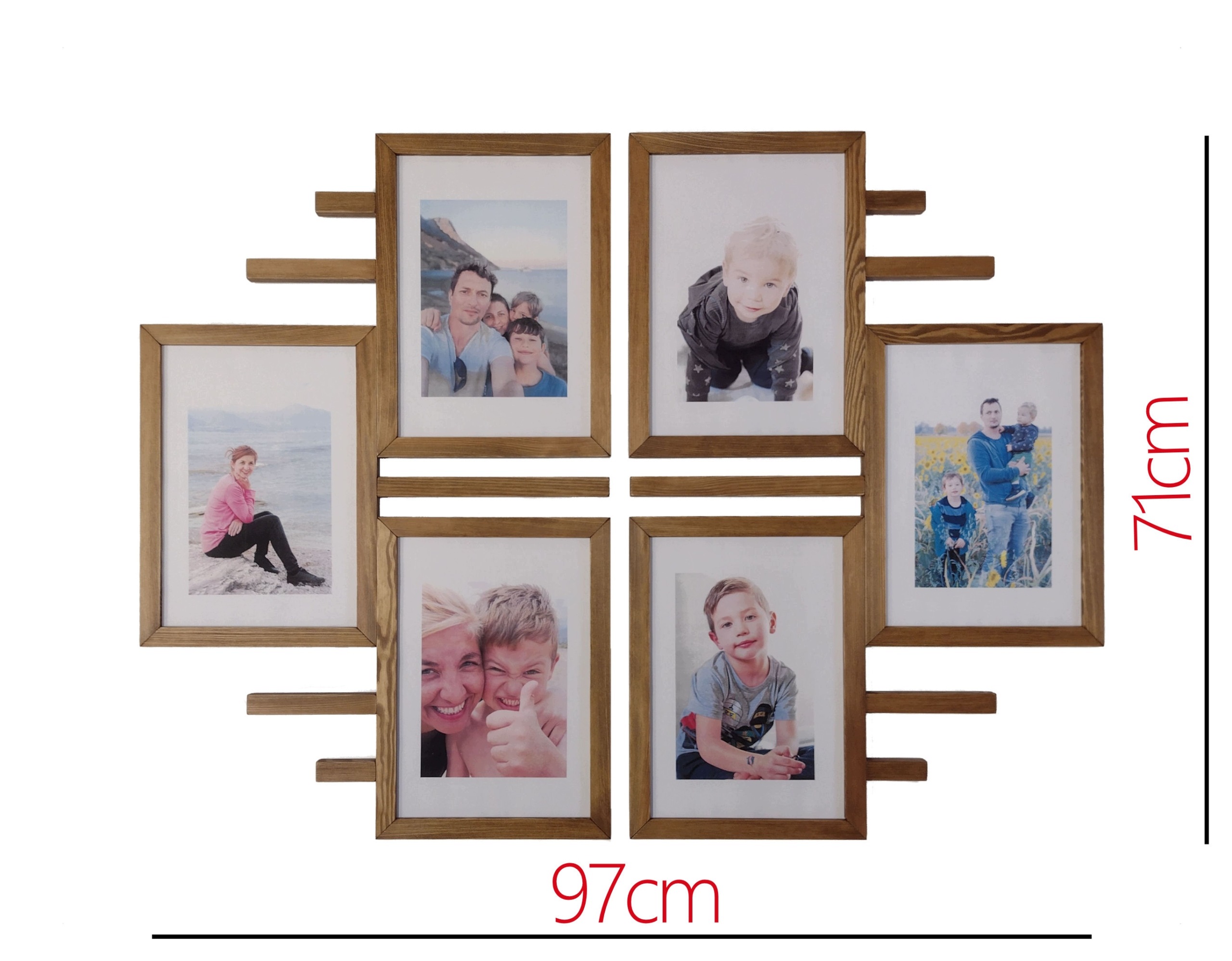 Dřevěný multirám na 6 fotografií A4 21 x 29,7 cm, šířka 97 cm, výška 71 cm Rámeček