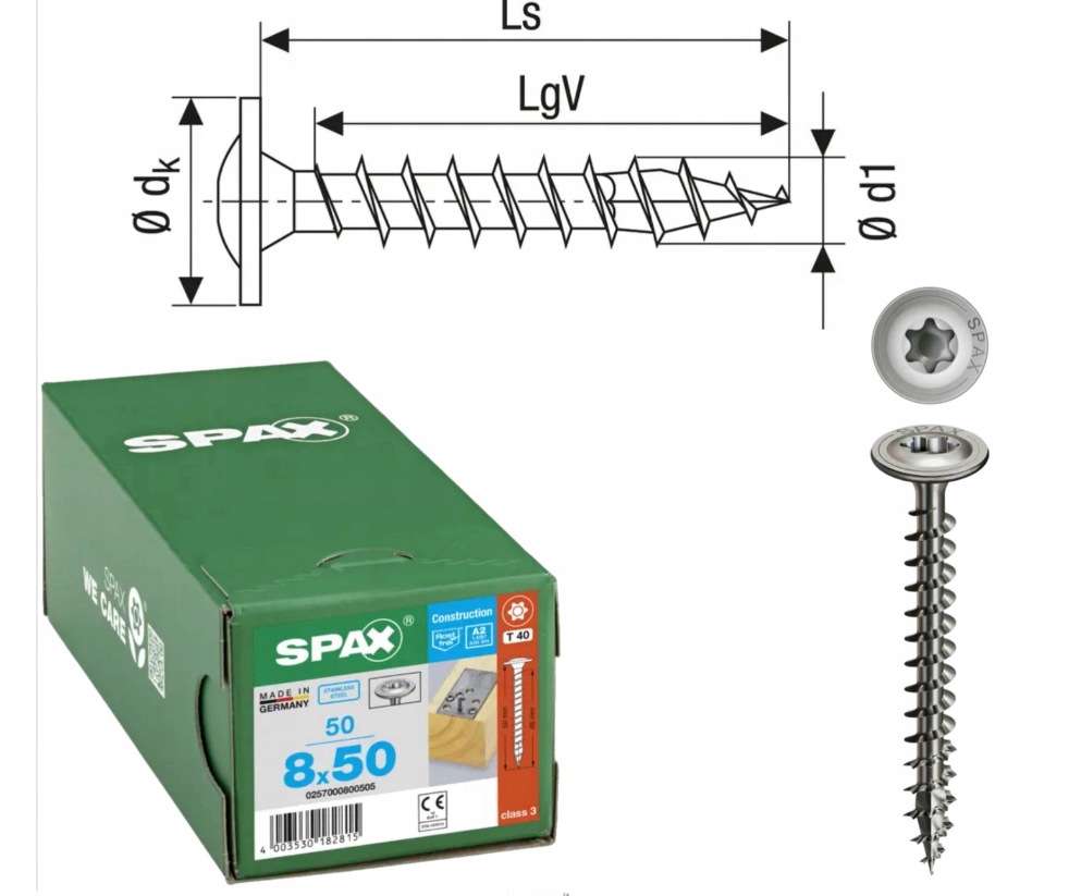 Univerzální vruty do dřeva ocel A2 Spax 8 x 50 mm 50 ks