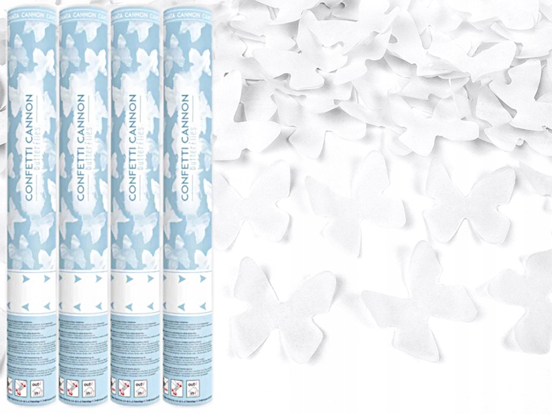 TUBY STRZELAJĄCE MOTYLKI BIAŁE WYRZUTNIA KONFETTI NA ŚLUB WESELE 40cm