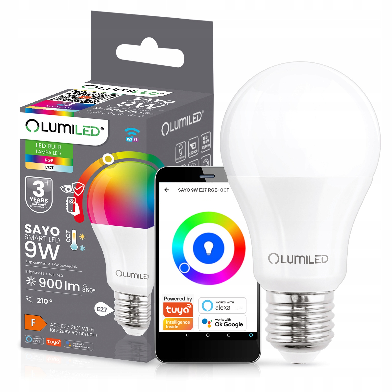 ŻARÓWKA LED E27 9W RGB CCT + BIAŁY WIFI TUYA SMART INTELLIGENS APPLIKACJA