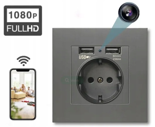 Špionážní WiFi kamera Zásuvka 1080p Full Hd Detekce pohybu Skrytá Šedá