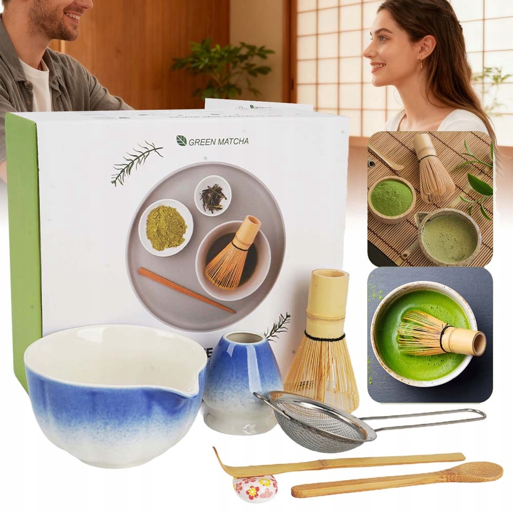 Levně Bambusový Dárková Sada Na Čaj Matchy S Keramickou Miskou, Modrý