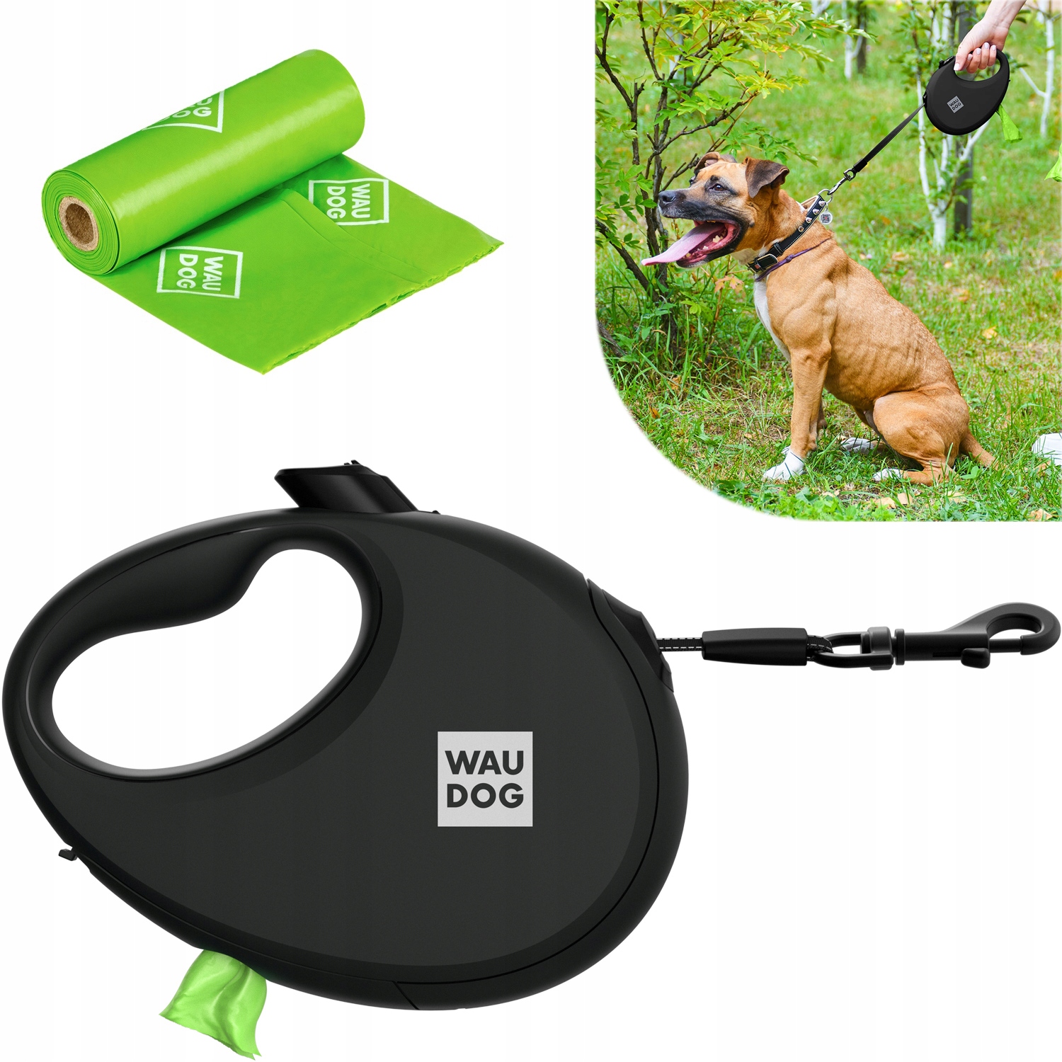Levně Vodítko pro psa s nádobou na sáček, černá, velikost L, do 40 kg