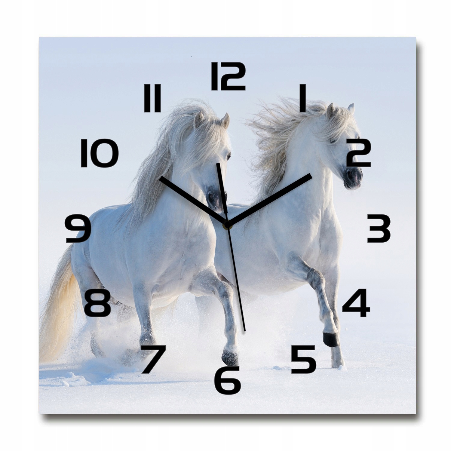 

Wiszący szklany zegar Dwa konie w śniegu 60x60 cm