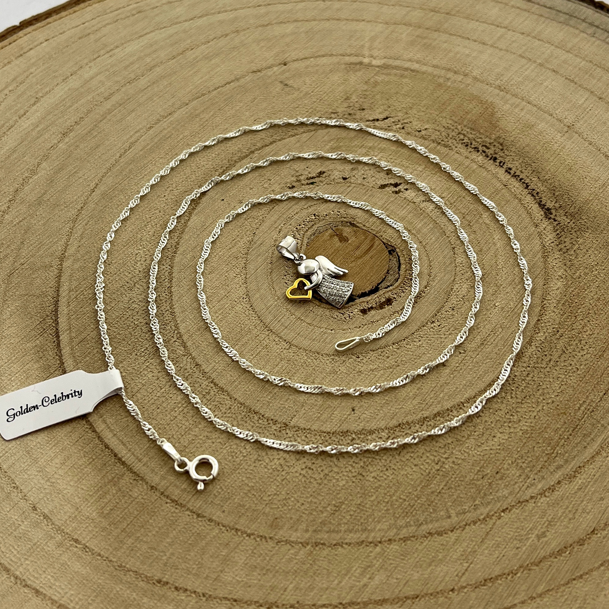 SREBRNY ŁAŃCUSZEK KOMUNIJNY I MEDALIK ANIOŁEK DLA DZIEWCZYNKI 925 + GRAWER Marka Golden Celebrity