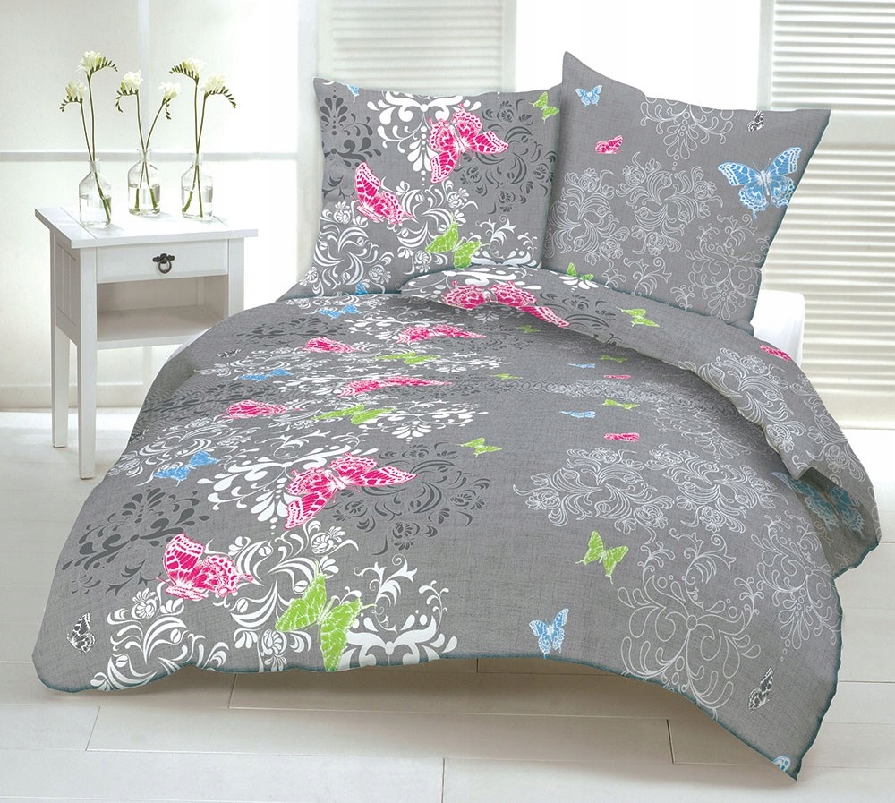 Pościel z kory 160x200 szara motylki ornament na guziki bawełniana