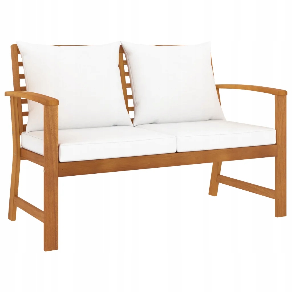 Zahradní lavička z masivního akáciového dřeva, 120 x 60,5 x 81 cm, krémový polštář