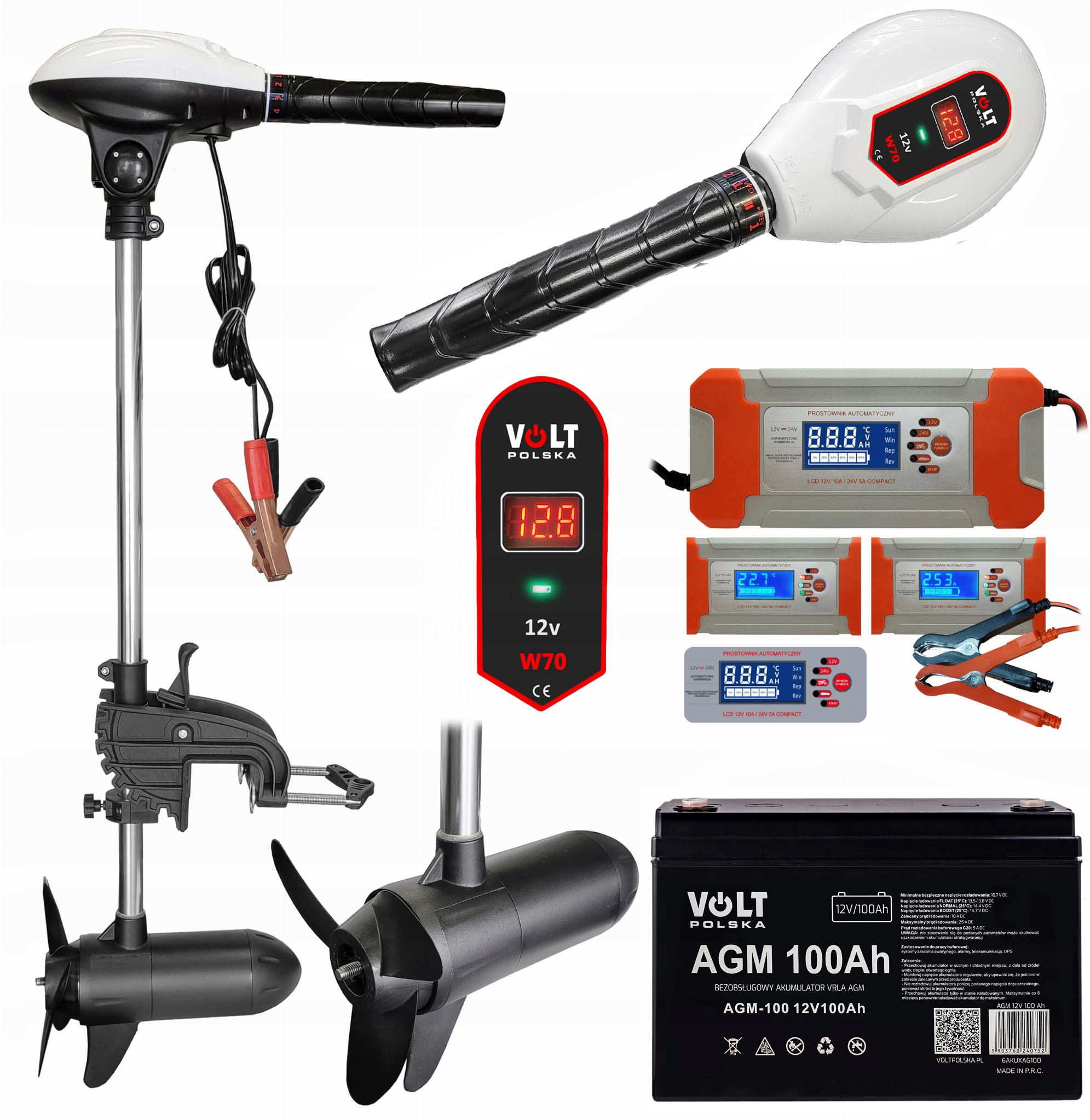 Silnik Elektryczny Zaburtowy Łódź Ponton Volt Polska Wicher 70 Agm 100AH Ła