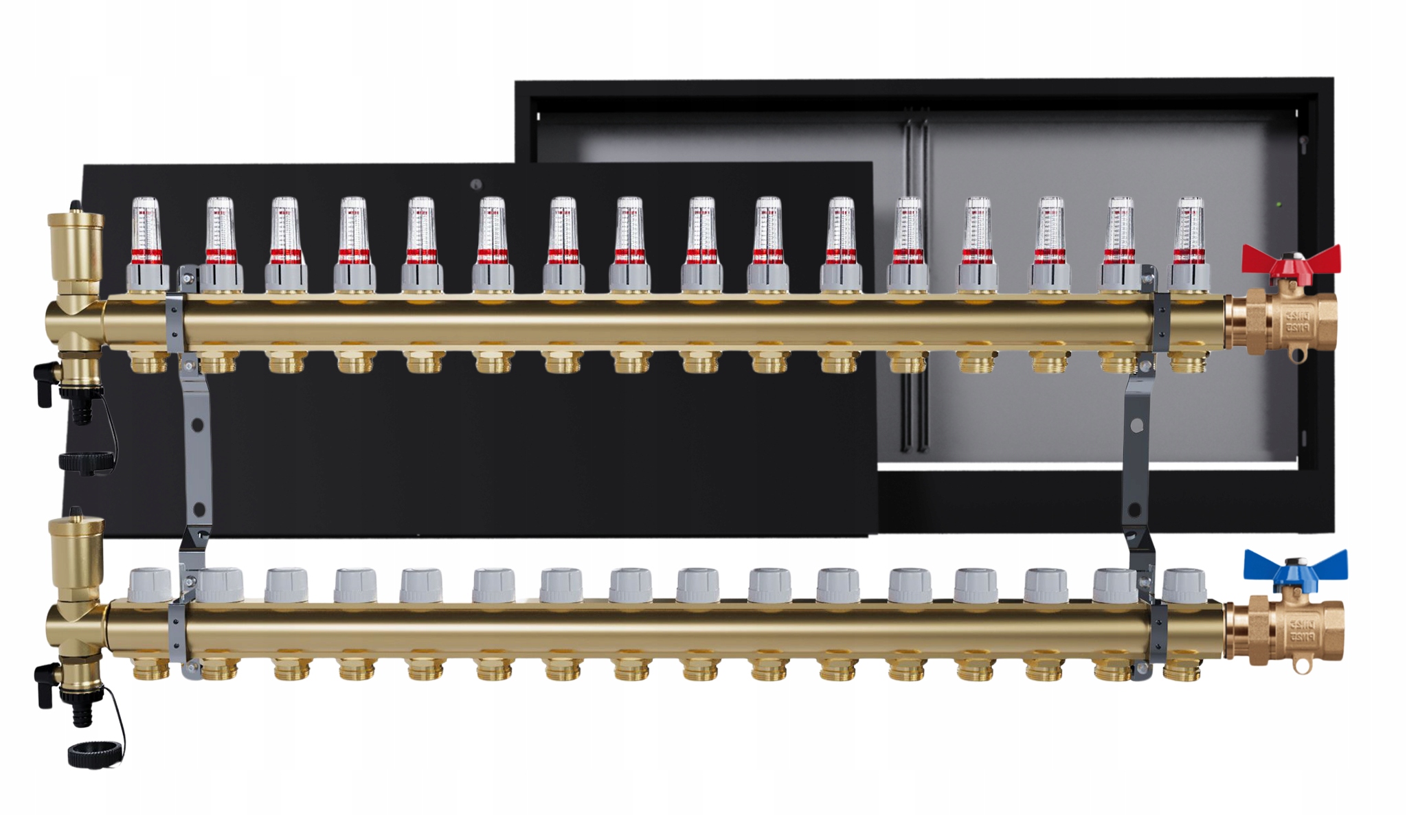 Rozdělovač podlahových krytin mosazný 16 okruhů skříňka černá jednoduchý ventil