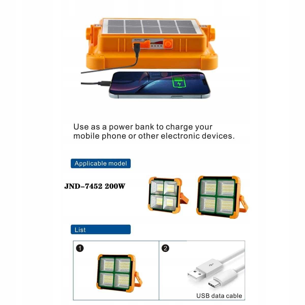 JANDEI Przenośny Reflektor LED Solarny 100W 336 LED Powerbank Camping — miniatura 6