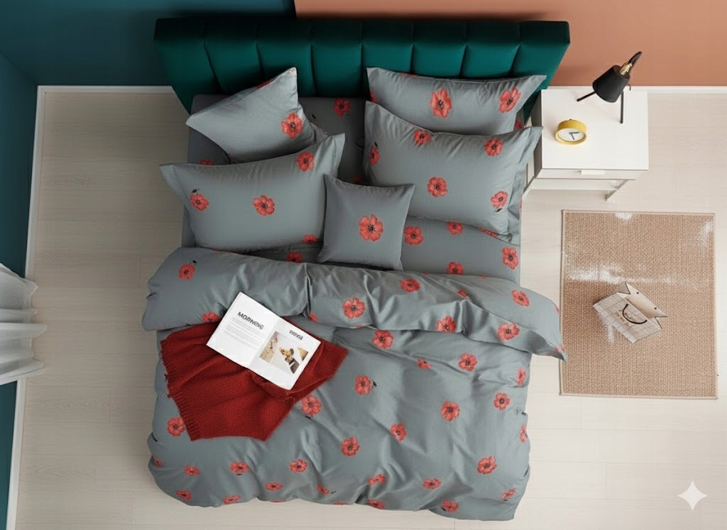 Třídílná sada ložního prádla z bavlny s červeným květovaným vzorem, šedá, 220×200 cm